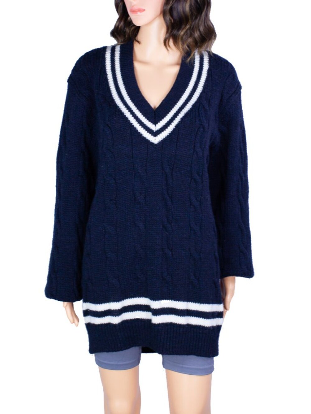 Brandy Melville Oversized Varsity Wool Sweater Navy White One Size